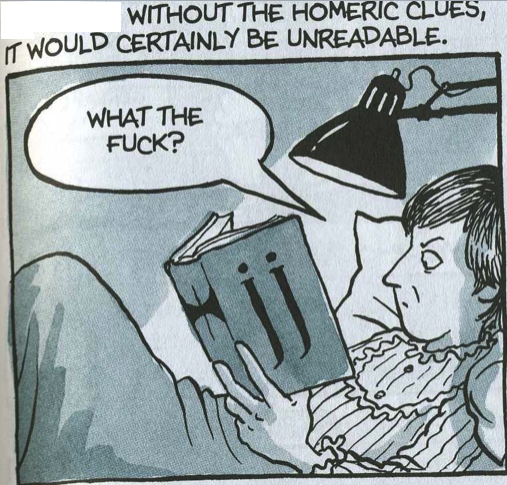 Panel from Alison Bechdel's graphic novel Fun Home, showing the protagonist reading Ulysses and swearing