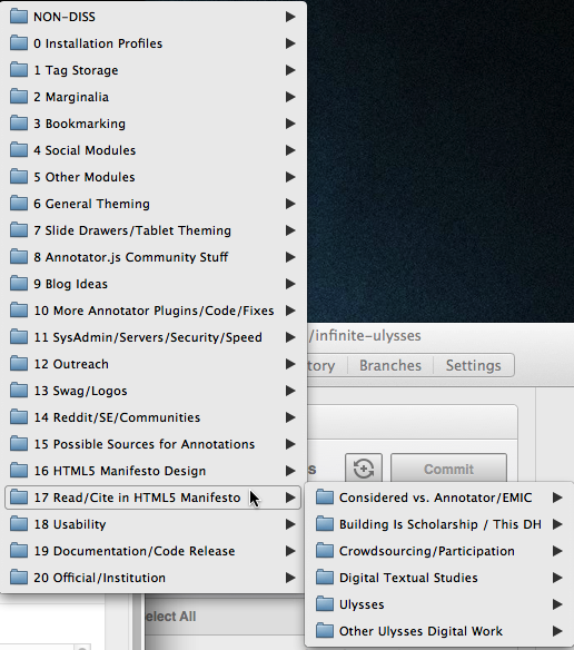 Screenshot of Chrome bookmarks menu with folders for various dissertation topics