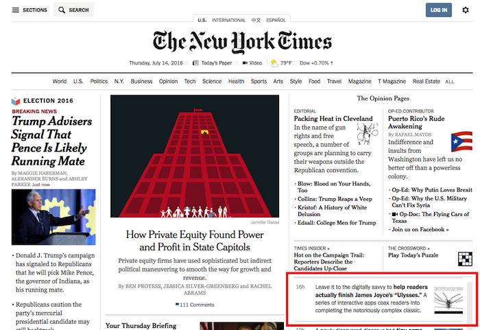 Screenshot of digital Ulysses article on New York Times online front page
