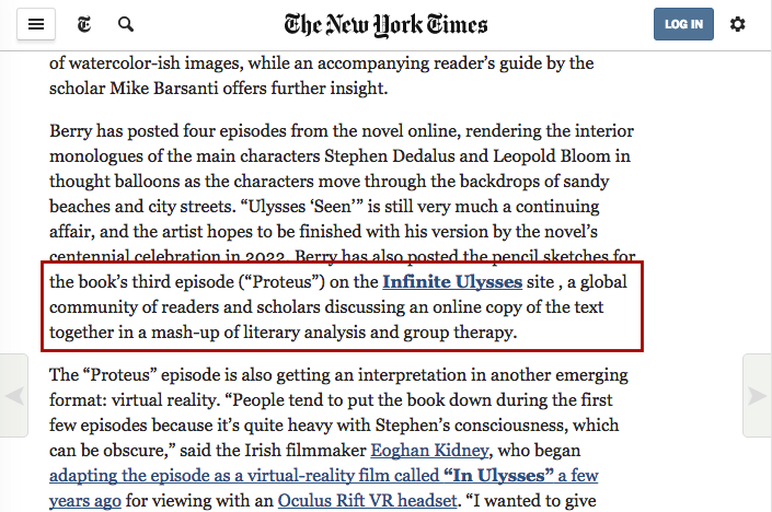 Screenshot of digital Ulysses article in New York Times mentioning and linking to Infinite Ulysses