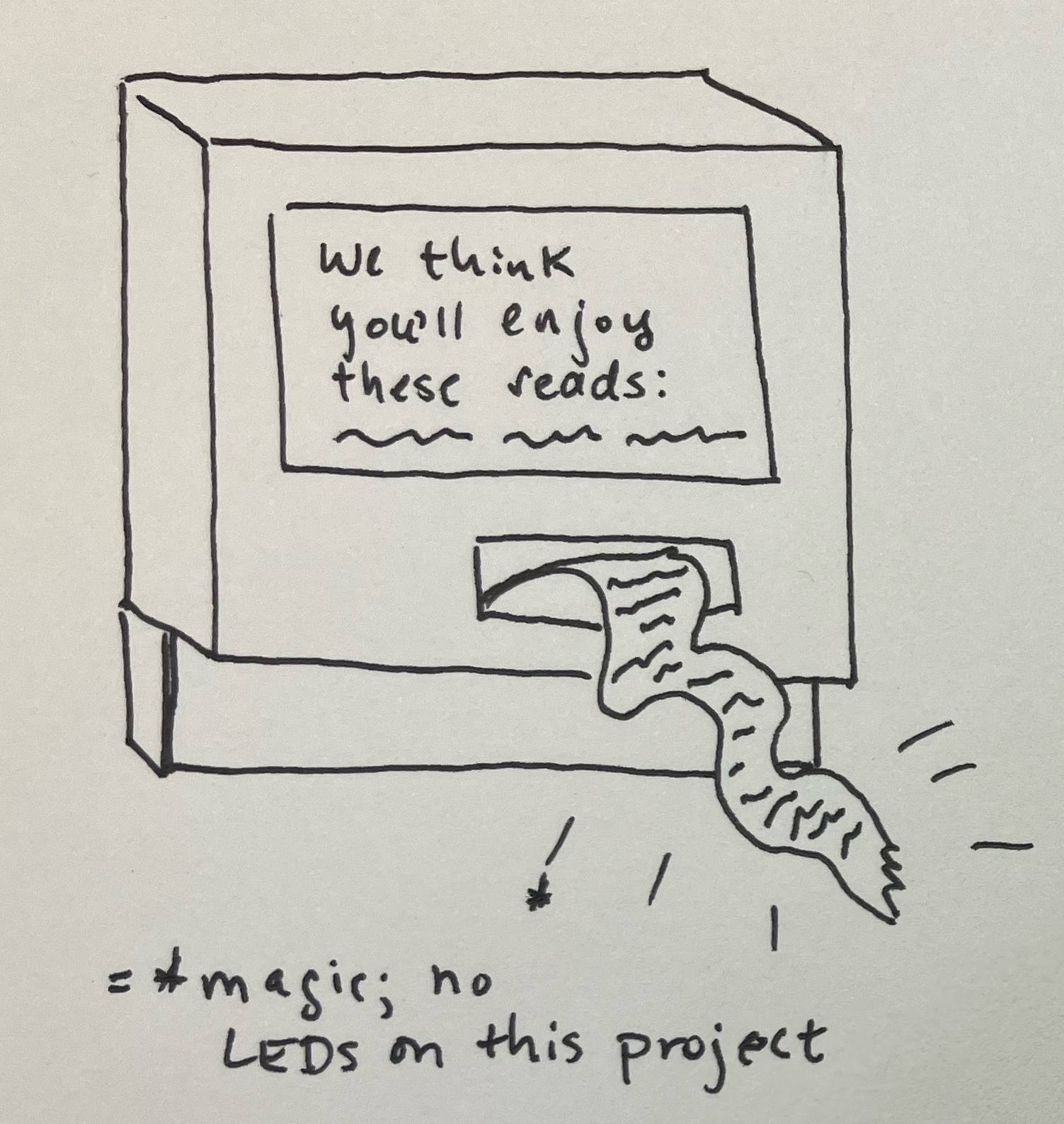 Author's sketch of what the final Mini Book List printer should look like. A rough drawing in black ink on white paper, of a computer shaped like a simplified retro Mac (very cubic/boxy); the computer screen reads "We think you'll enjoy these reads:" followed by squiggles to suggest a list of suggested reads; from the computer's floppy drive hole comes paper receipt tape with squiggles listed on it to suggest a reading recommendation list printout on receipt-width paper. There are sparkly lines drawn around the receipt paper, with an annotation stating these denote "magic" rather than light, as there are no LEDs in this project.
