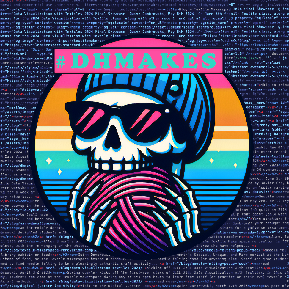 A logo image that shows a cartoon of a groovy skeleton head wearing sunglasses and a blue knit beanie, holding a ball of pink yarn between its skeletal hands and chomping into it; in the background is blurred-out code text, and the #DHmakes hashtag is written at the top