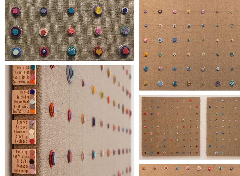 Photos of Laurie Fricks' data art "Stress Inventory", showing piled of colored leather discs on stretched linen with a legend to explain what colors and disc sizes means about the irritation levels they record