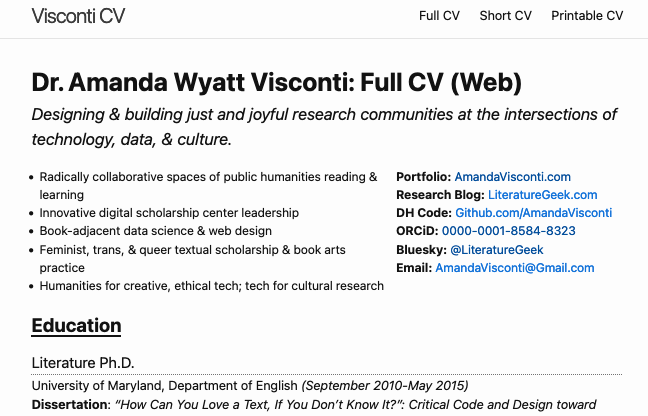 Screenshot of a CV webpage created with Jekyll and a CSV of data