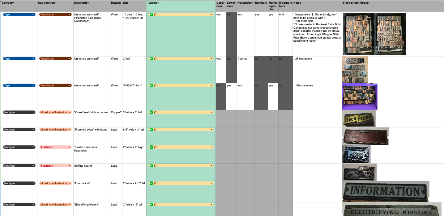Screenshot of my letterpress specimen Gsheet