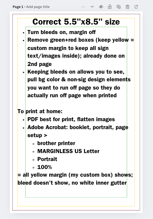 Screenshot of a Canva page where I've marked with green, yellow, and red rectangles where the various margins are on a page (margin, bleed, actual printer cutoff where it won't print beyond) if I mke a zine on it and print it with my particular printer.