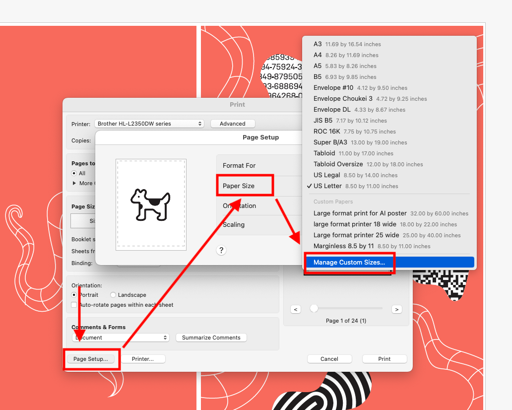 Screenshot of where to go in Adobe Acrobat to set custom printing margin settings: "page setup" button, then "paper size" to "Manage custom sizes..."