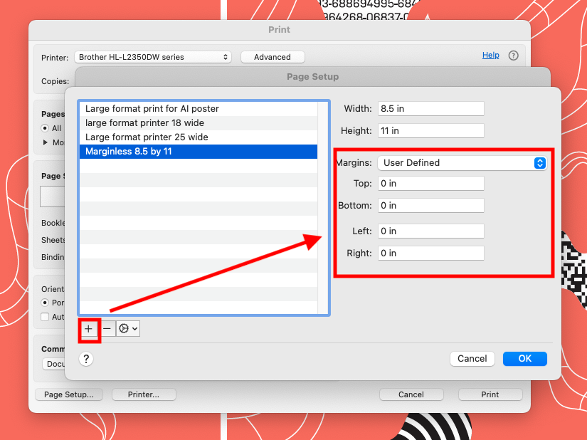 Screenshot of where to go in Adobe Acrobat to set custom printing margin settings: + icon, then set "Margins" as "User Defined" and enter 0 in. under the fields for each of the 4 sides of the paper