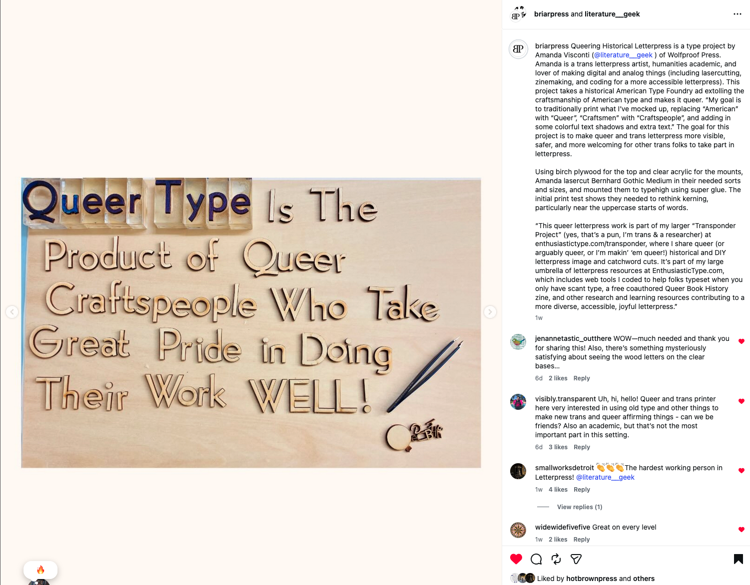 Photo of an Instagram post by Briar Press showing my Queer Type Project