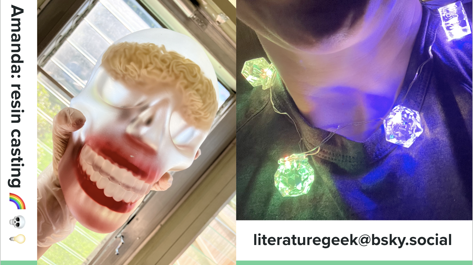 Third slide from my DH2024 #DHmakes talk, showing photos of a translucent frosted resin skull with a ramen brain and chatter teeth, and a light-up D&D dice necklace